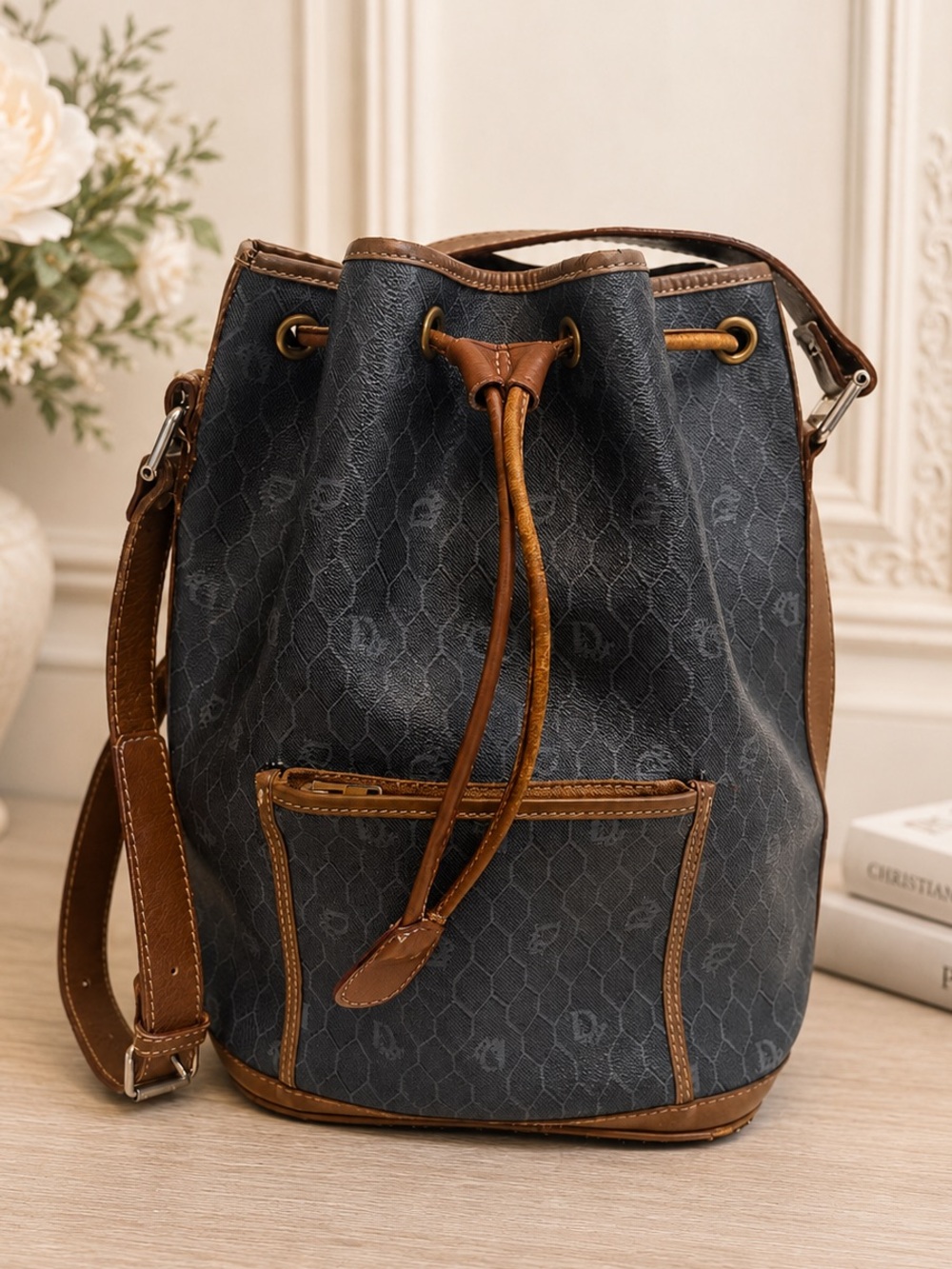 VTG Christian Dior Logo Honeycomb XL Bucket Bag Black Cognac Leather France